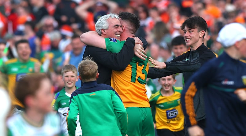 Donegal’s manager Jim McGuinness and Patrick McBrearty celebrate after the penalty shoot-out against Armagh. Photograph: James Crombie/Inpho