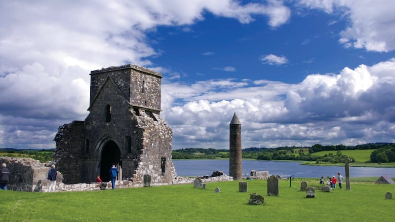 An early Christian high tower on Devenish Island on Lough Erne