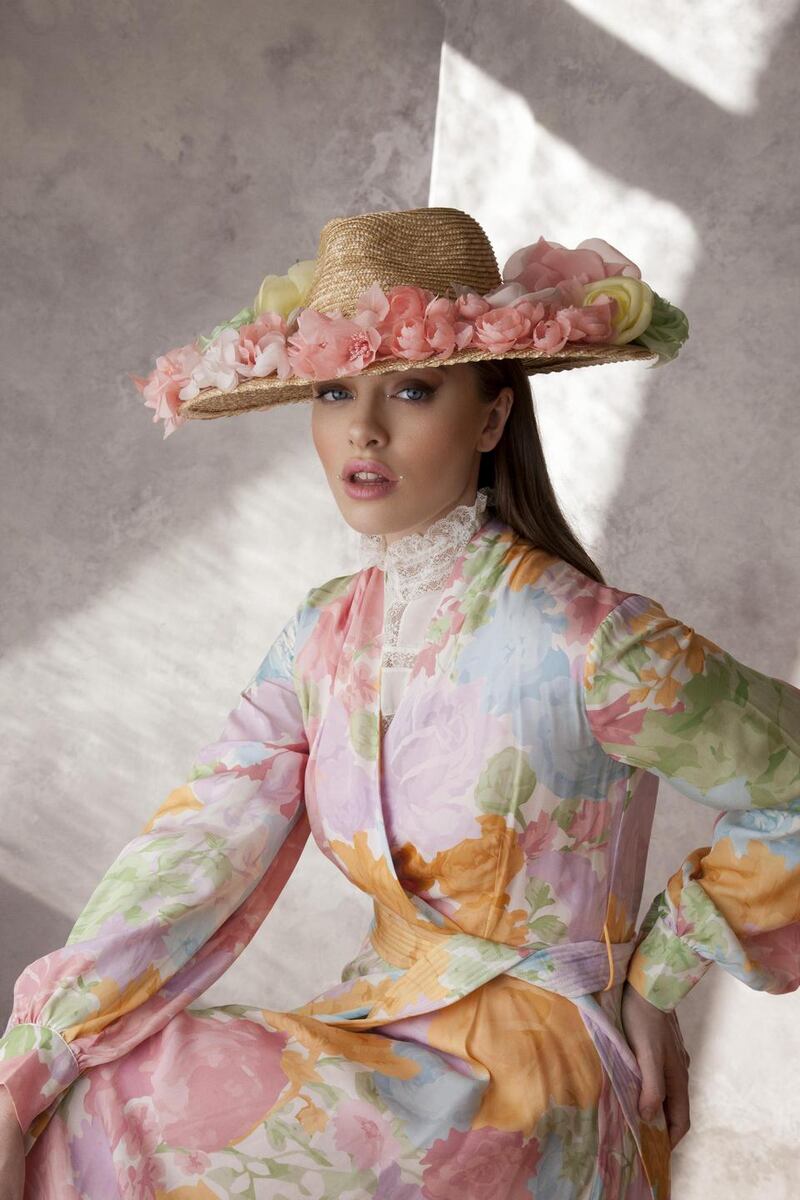 East West garden hat with silk flowers by Anthony Peto €800. Photograph: Daniel Holfeld