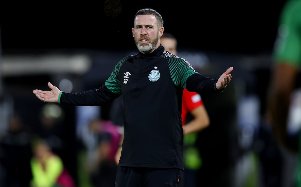 Shamrock Rovers manager Stephen Bradley gestures on the sideline during the Champions League second qualifying round, first leg against Ludogorets. Photograph: Kostadin Andonov/Inpho