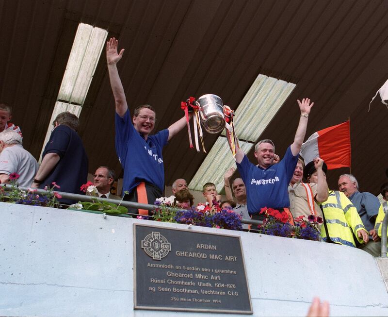 Ulster Football Championship Final August 1999: Then Armagh managers Brian Canavan and Brian McAlinden with the trophy.