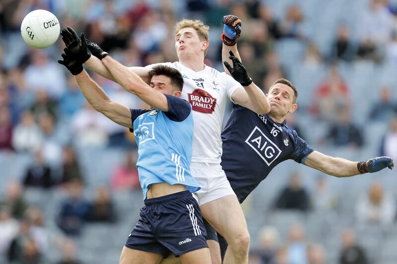 Dublin's David Byrne and goalkeeper Stephen Cluxton challenge Daniel Flynn of Kildare during this year's Leinster Championship. Photograph: Laszlo Geczo/Inpho