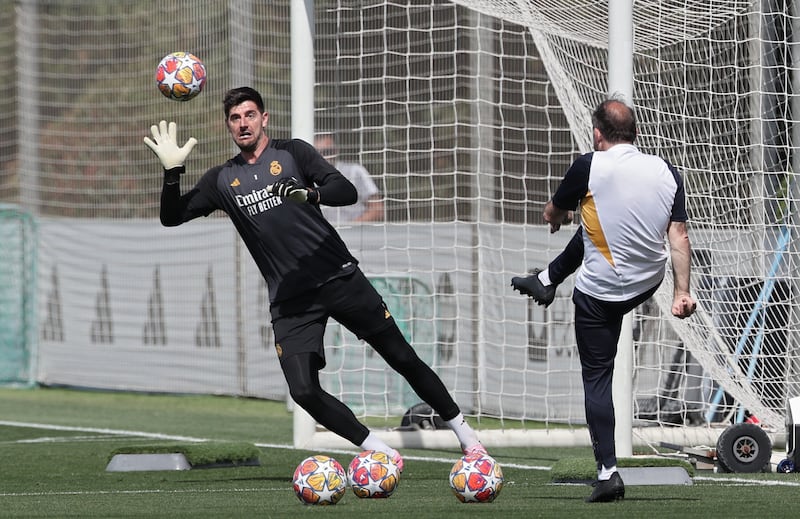 Thibaut Courtois attends a training session at the Santiago Bernabéu in Madrid on Monday. Photograph: Thomas Coex/AFP via Getty Images