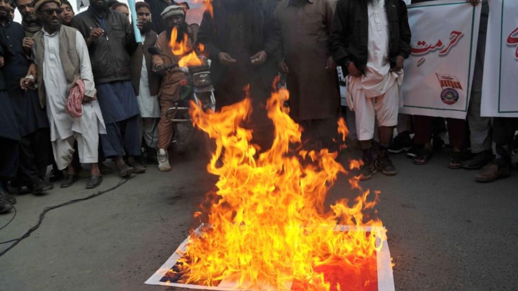 Protestors in Pakistan react to ‘blasphemous’ Charlie Hebdo cartoons. An international coalition has just launched the End Blasphemy Laws campaign, aimed at ending legislation against criticising or ridiculing religion worldwide. Photograph: Faisal Kareem/EPA