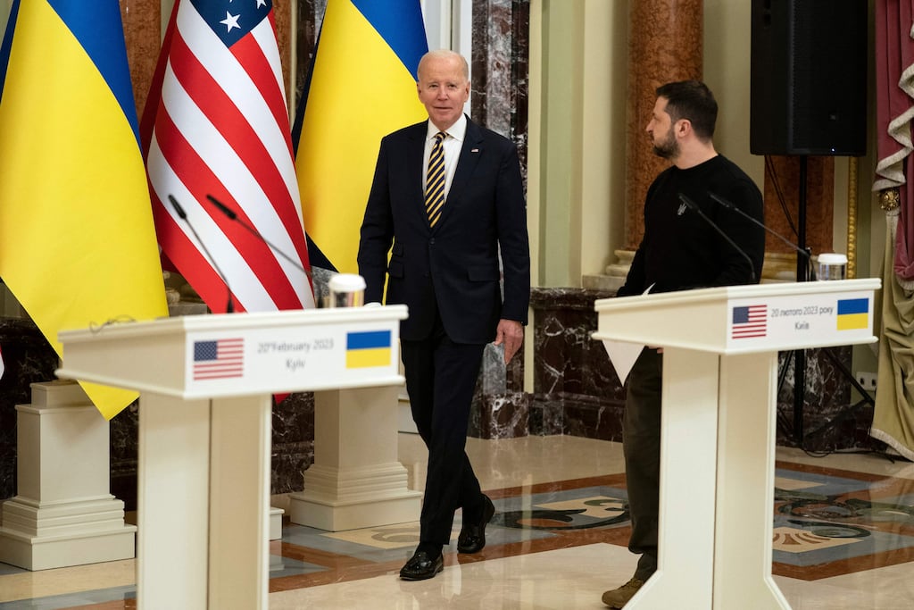 US president Joe Biden and Ukrainian president Volodymyr Zelenskiy at a press conference in Kyiv on February 20th, 2023, during a surprise visit by the US president to Ukraine. Photograph: Evan Vucci/pool/AFP