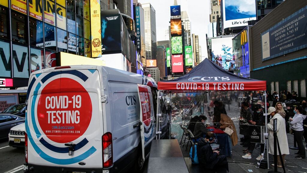 A Covid-19 testing site at Times Square, New York. The Omicron variant accounts for 13 per cent of Covid cases in New York. Photograph: Kena Betancur/AFP via Getty Images