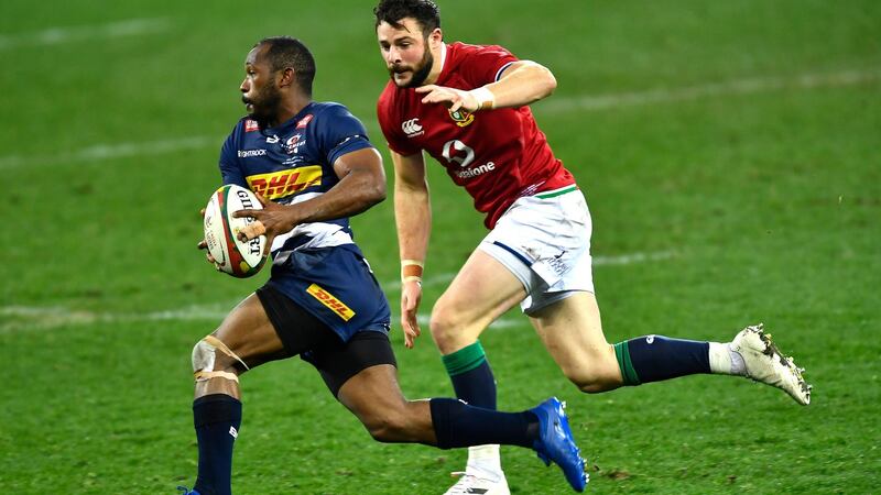 Robbie Henshaw tracks Sergeal Petersen during the Lions’ win over the Stormers. Photograph: Ashley Vlotman/Gallo Images/Getty