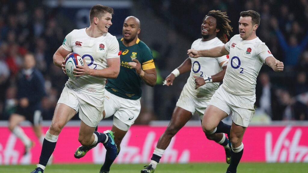 Owen Farrell runs in England’s fourth try in the match against South Afrcia at Twickenham. Photograph: Adrian Dennis/AFP/Getty Images