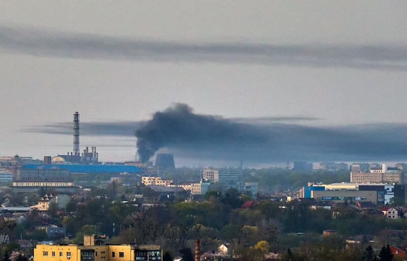 A cloud of smoke rises after a rocket attack in Kharkiv, northeastern Ukraine on Thursday. Photograph: Sergey Kozlov/EPA