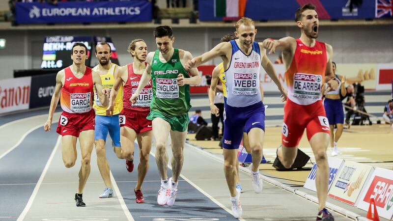 English crosses the line in third place. Photo: Morgan Treacy/Inpho