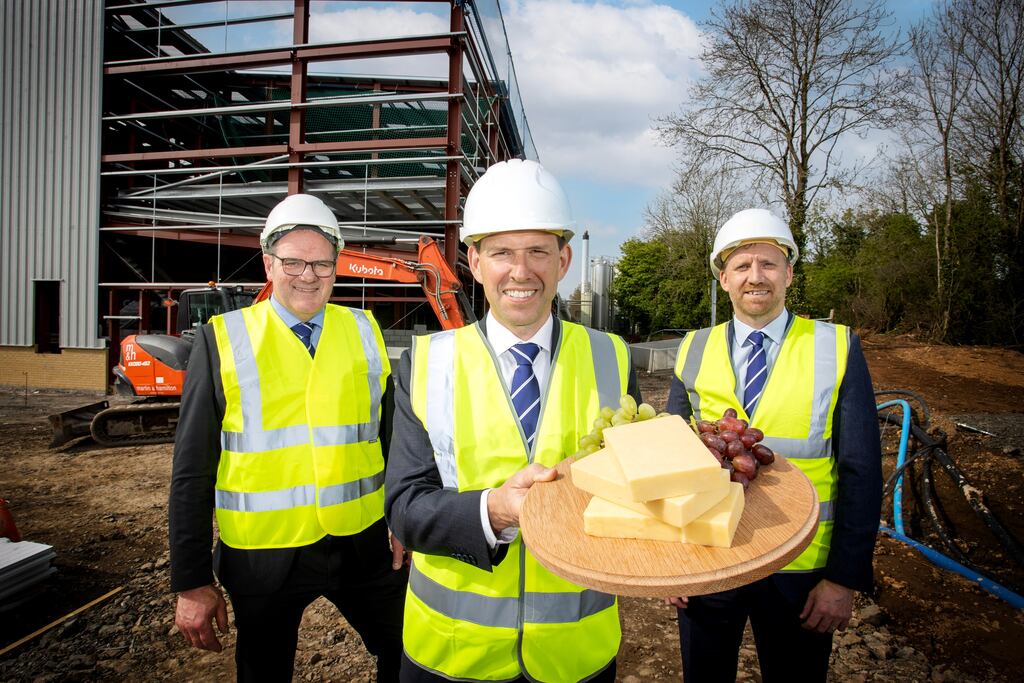 Dale Farm chief executive Nick Whelan (centre) with chairman Fred Allen (left) and group operations director Chris McAlinden at the announcement of a £70m investment at its Tyrone cheddar cheese plant.