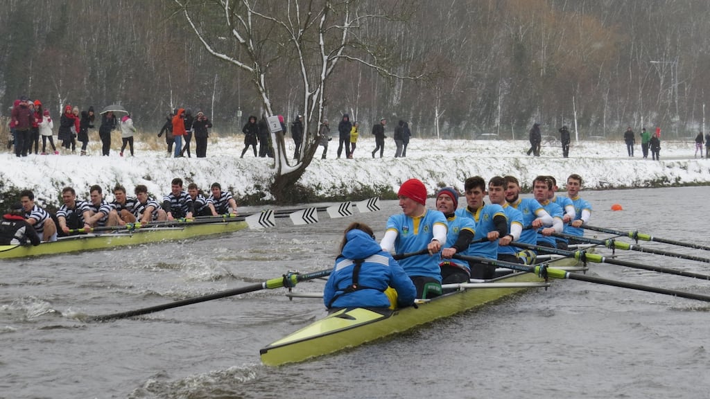 UCD (right) and Trinity race in the Gannon Cup in 2018. Photograph: Liam Gorman.