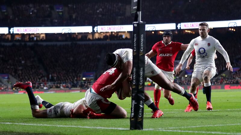 England’s Manu Tuilagi was sent off for a late tackle on George North. Photograph: David Davies/PA