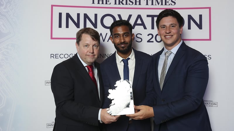 Ciarán Hancock (The Irish Times), with Parkpnp’s Daniel Paul and Garret Flower. The company won the sustainability category at this year’s awards.