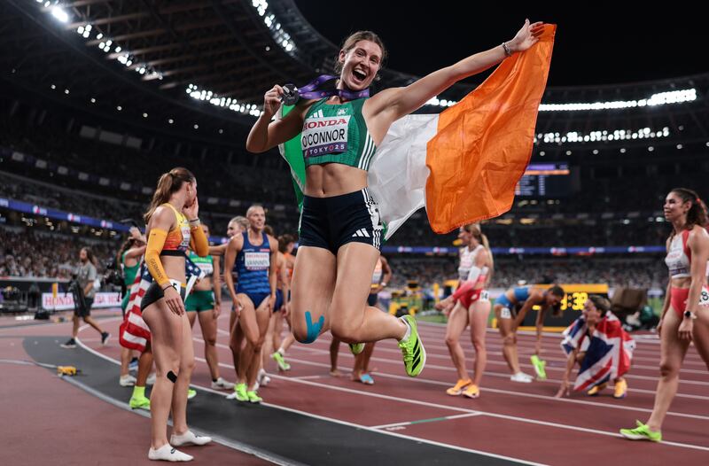 Ireland’s Kate O’Connor jumps for joy after securing silver in the 800 metres race. Photograph: Morgan Treacy/Inpho