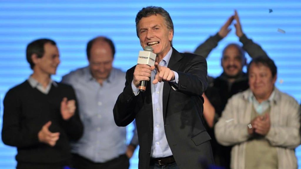 Mayor of Buenos Aires Mauricio Macri, who is attempting to become the first right-wing politician to secure Argentina’s presidency in free elections, speaking on Sunday as the results of primary elections began to come in. Photograph: AFP/Telam/Alejandro Santa Cruz