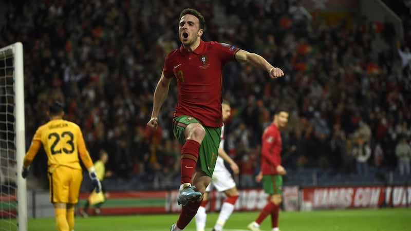 Portugal’s Diogo Jota celebrates after scoring against Turkey. Photograph: Miguel Riopa/AFP via Getty Images