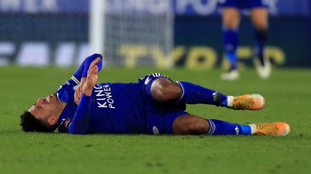 Leicester’s James Justin is set to miss the rest of the season. Photograph: Mike Egerton/PA