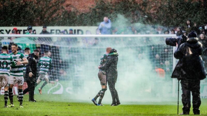 Shamrock Rovers assistant coach Glenn Cronin celebrates with Gary O’Neill after the final whistle at Dalymount. Photograph: Brian Reilly-Troy/Inpho