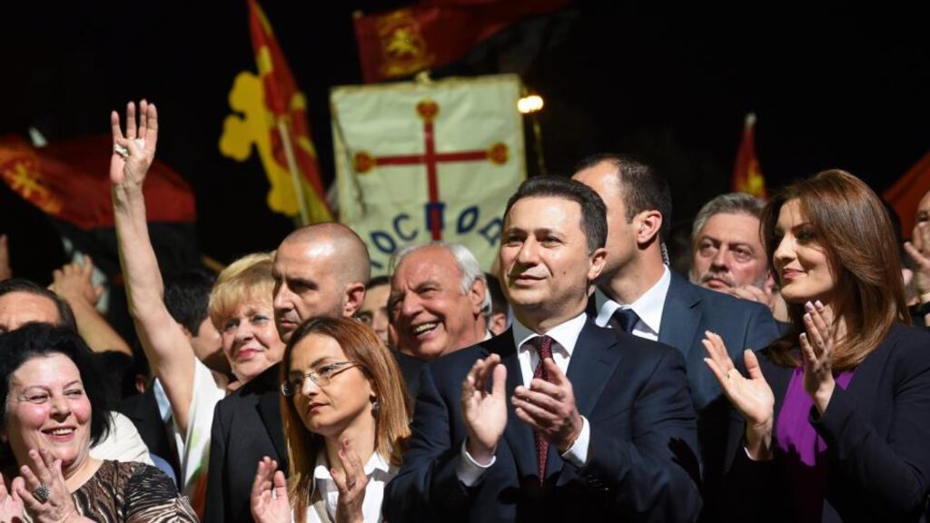 Macedonia’s prime minister Nikola Gruevski (centre) attend a rally in support the government in Skopje in May. Macedonia is to have early parliamentary elections next year. Photograph: Georgi Licovski/EPA