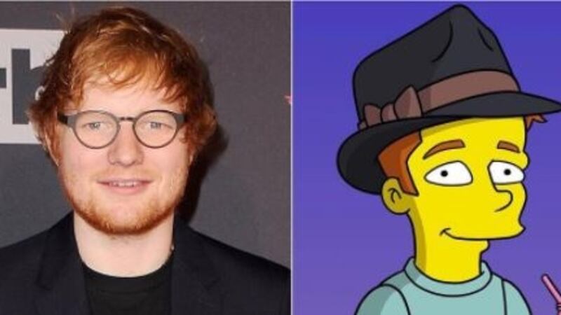 Ed Sheeran (left, wearing glasses) and the Simpsons character Brendan.