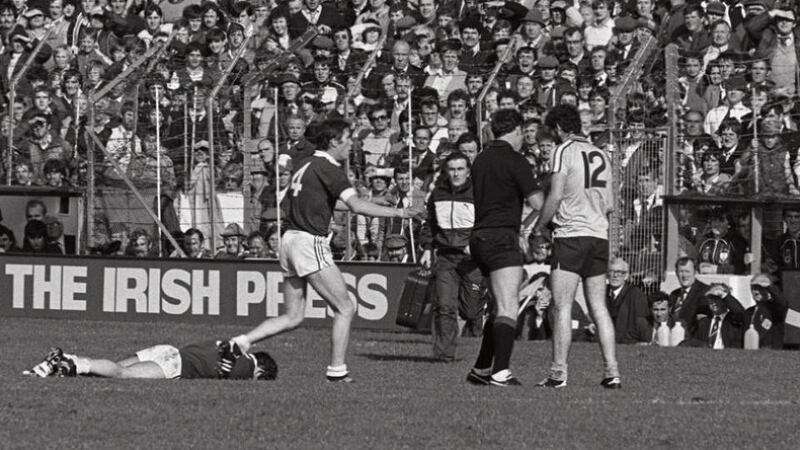 Referee John Gough is about to send Dublin’s Kieran Duff off for kicking the grounded Galway player Pat O’Neill in the head during the tumultuous All-Ireland Football final of 1983. Dublin went on to win the game by 1-10 to 1-8. Photograph: Billy Stickland/Inpho.