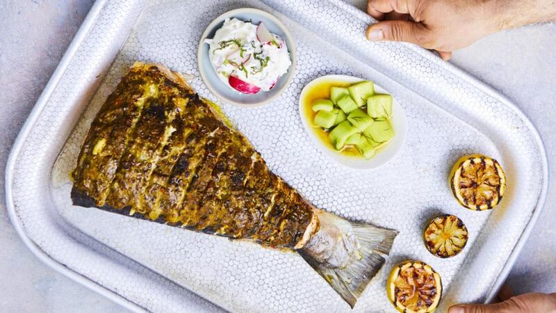 Arun Kapil’s blackened Goan salmon tail with turmeric, cucumber, mint and radish riata