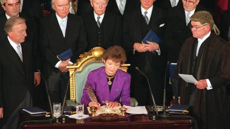 Mary Robinson during her inauguration as president in 1990. Photograph: Matt Kavanagh