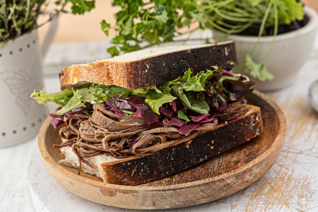 Corned beef and home made brown sauce sandwich with pickled red cabbage. Photograph: Harry Weir Photography