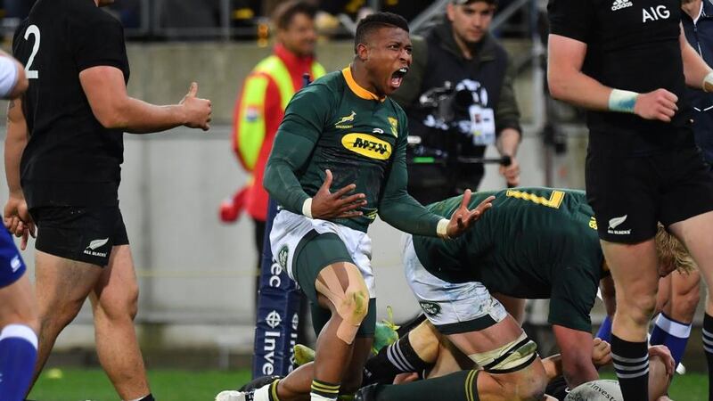 Aphiwe Dyantyi scored twice during South Africa’s win over the All Blacks. Photograph: Marty Melville/AFP/Getty