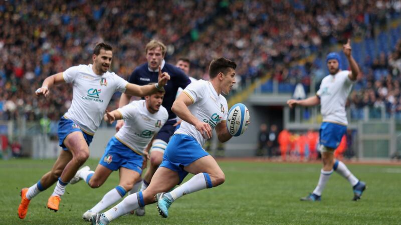 Tommaso Allan scores Italy’s first try during the Six Nations match against Scotland at Stadio Olimpico in Rome. Photograph: Paolo Bruno/Getty Images
