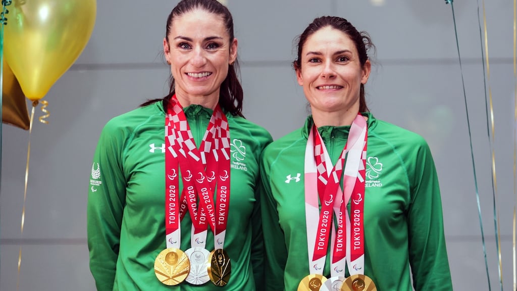 Katie-George Dunlevy and Eve McCrystal return to Dublin with their medal haul. Photograph: Laszlo Geczo/Inpho