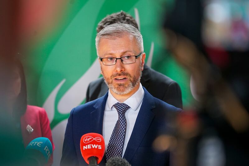 Minister for Children, Roderic O'Gorman, speaks to reporters at the Green Party ardfheis in the RDS. Photograph: Enda O'Dowd