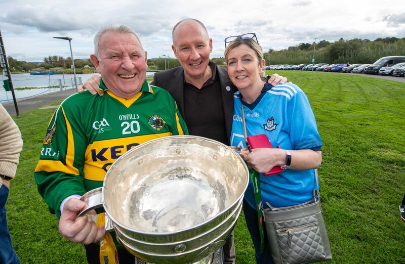 Jim Gavin poses with Kerry supporter Tim Corkery and Dublin fan Deirdre Lynch while campaigning in Tralee, Co Kerry. Photograph: Domnick Walsh