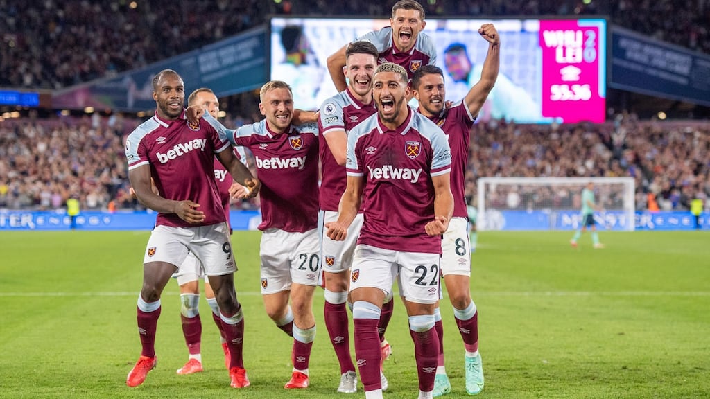 Said Benrahma of West Ham celebrates with his West Ham team-mates after scoring against Leicester City at The London Stadium. Photograph: Sebastian Frej/MB Media/Getty Images