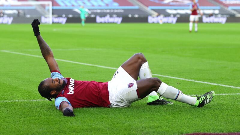 Michail Antonio celebrates scoring West Ham’s winner against Burnley. Photograph: Julian Finney/Getty