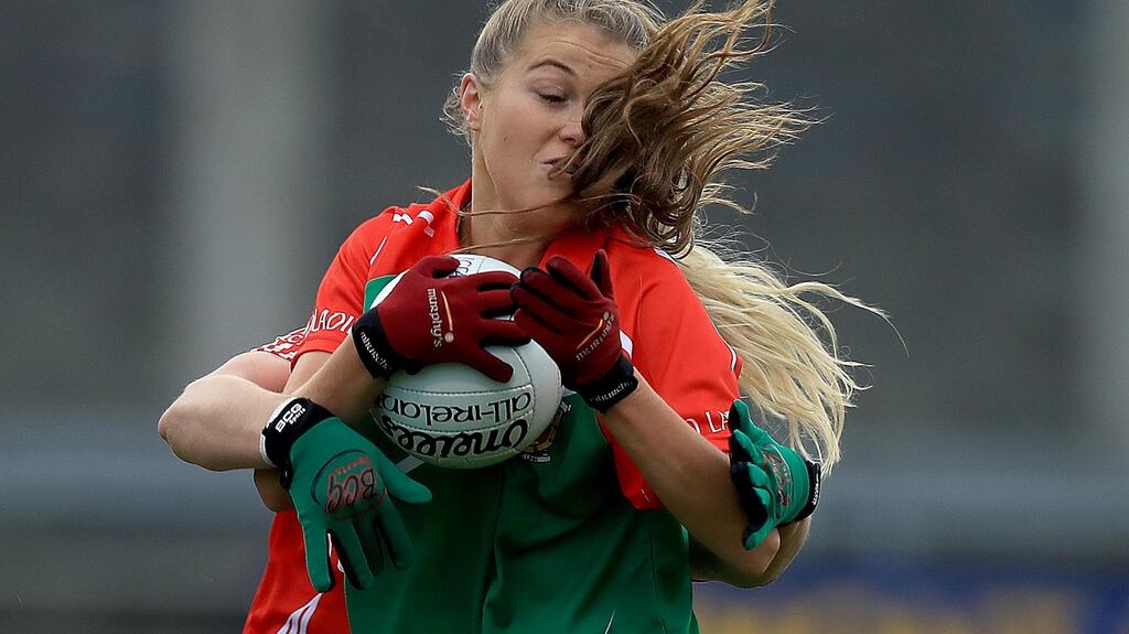 Mayo’s Sarah Rowe wins possession in the National League football final at Parnell Park. Photograph: Donall Farmer/Inpho