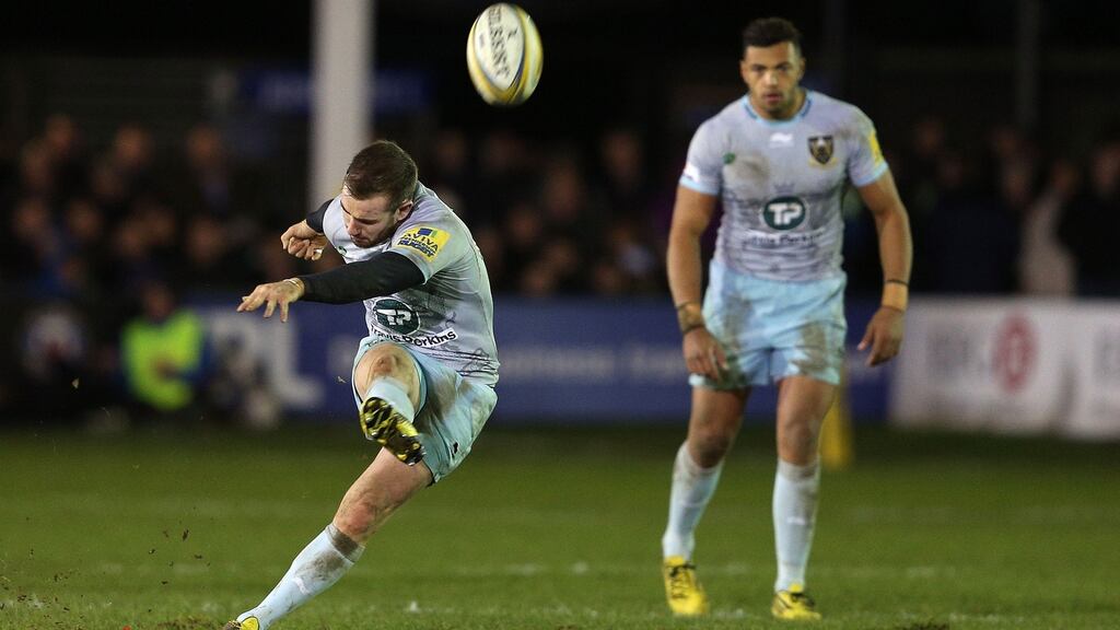 Northampton’s JJ Hanrahan kicks their winning penalty against Bath.
