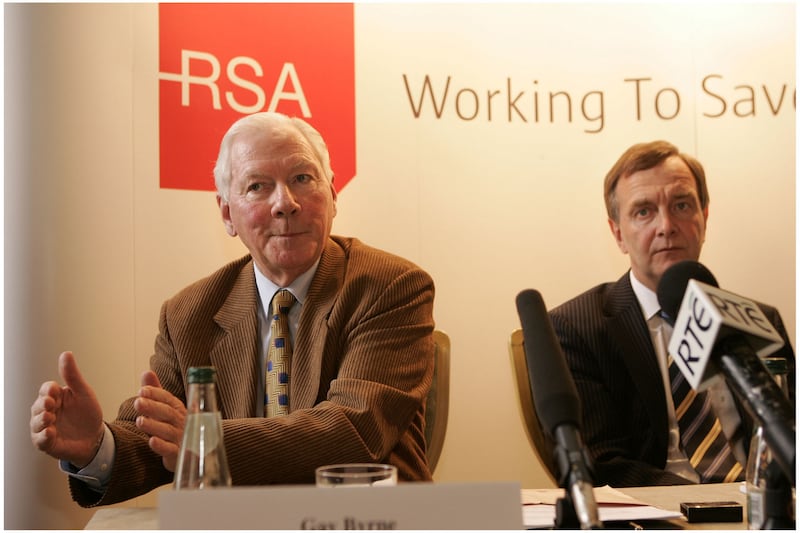 Gay Byrne as new chairperson of the Road Safety Authority, pictured with then-minister for transport Martin Cullen TD at the announcement in Dublin in 2006. Photograph: Dara Mac Dónaill/The Irish Times