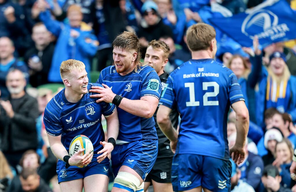Leinster's Jamie Osborne celebrates with Joe McCarthy after scoring a try in last Saturday's URC semi-final victory against Glasgow Warriors. Photograph: Dan Sheridan/Inpho