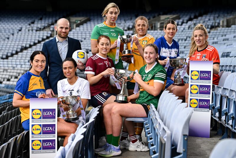 Sarah Ní Loingsigh of Galway, Niamh Tighe of Leitrim, Cathy Carey of Antrim, Síofra O'Shea of Kerry, Ellen Healy of Laois and Kelly Mallon of Armagh ahead of the league finals this weekend at Croke Park. Photograph: Sam Barnes/Sportsfile