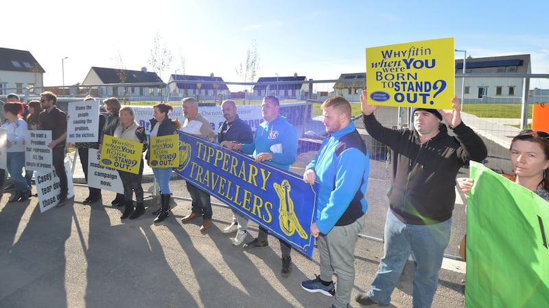 Members of the Traveller community at Cabragh Bridge staging a protest last October after Peter Casey made the housing site an issue during his presidential campaign. Photograph: Alan Betson