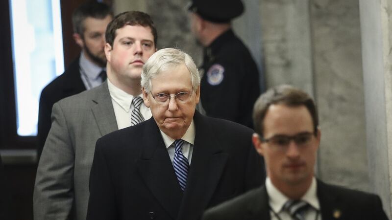 Senate majority leader Mitch McConnell: got his organising resolution setting out the structure of the trial through the chamber but not without a fight from Democrats. Photograph: Drew Angerer/Getty