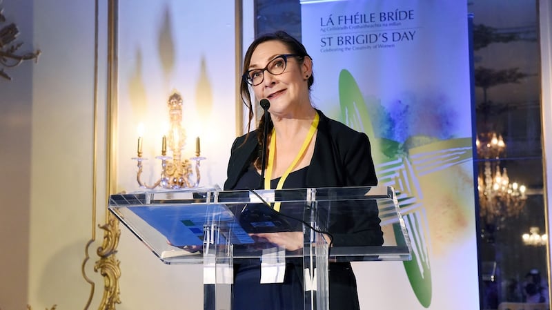 Pauline McLynn speaking at the St Brigid’s Day event in London in 2018.