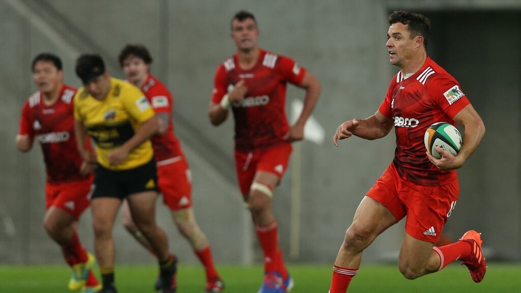 Dan Carter in action for Kobe Steelers in January. The 38-year-old is reported to be poised to sign for the Auckland Blues on a short-term replacement contract. Photograph: Buddhika Weerasinghe/Getty Images