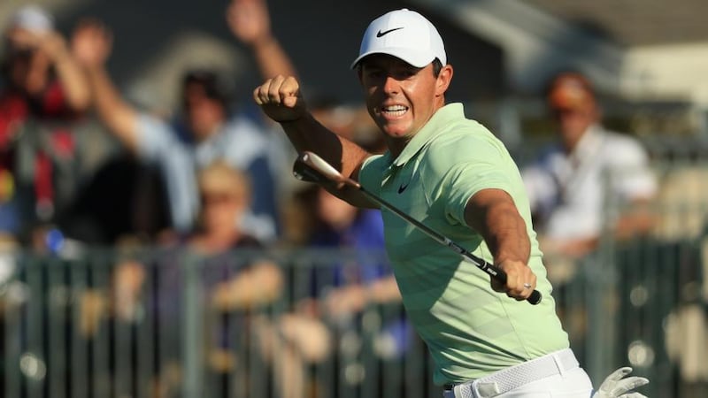 Rory McIlroy reacts on the 15th green after chipping in for a birdie during the final round at the Arnold Palmer Invitational at Bay Hill Club and Lodge in Orlando, Florida. Photograph: Mike Ehrmann/Getty Images