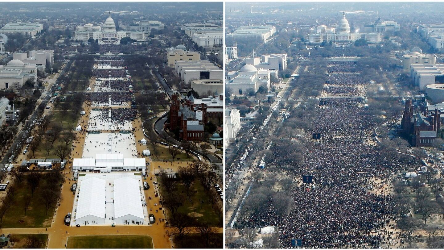 Crowds on the National Mall in Washington DC just before Donald Trump’s inauguration in 2017 (left) and Barack Obama’s in 2009. Photograph: Reuters