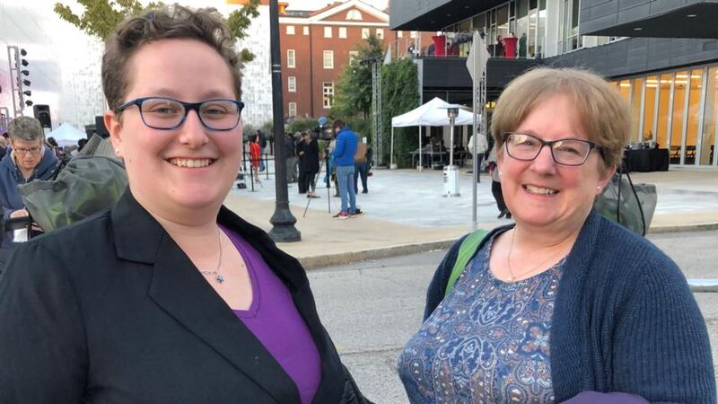 Democratic senator Claire McCaskill supporters Molly and Jane Thal outside the live TV debate in St Louis