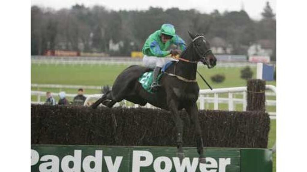 John Cullen pops Black Apalachi over the final fence on their way to winning the Paddy Power Chase at Leopardstown yesterday, watched by a record modern-day crowd.