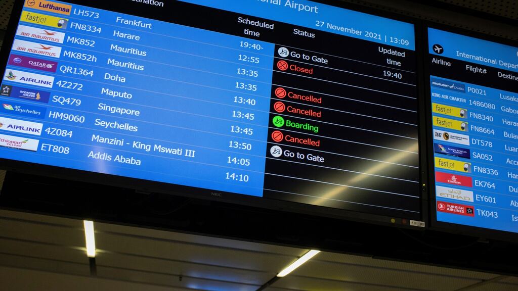 A flight information board shows canceled flights at Johannesburg’s OR Thambo International Airport as restrictions on international flights from South Africa start to take effect. Photograph: EPA